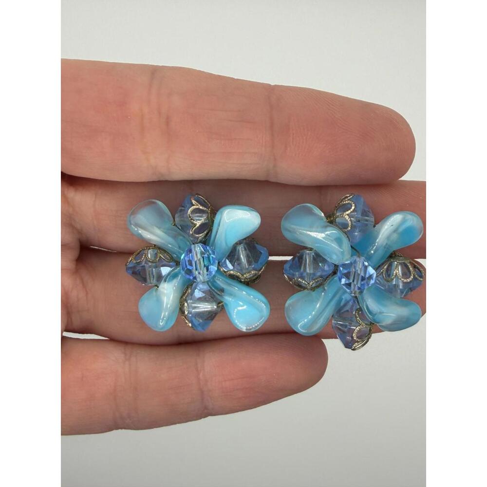 Blue Flower Cluster Stud Earrings Filigree Crystal Beads Vintage Style NO BACKS
